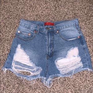 High-Waisted Distressed Denim Shorts
